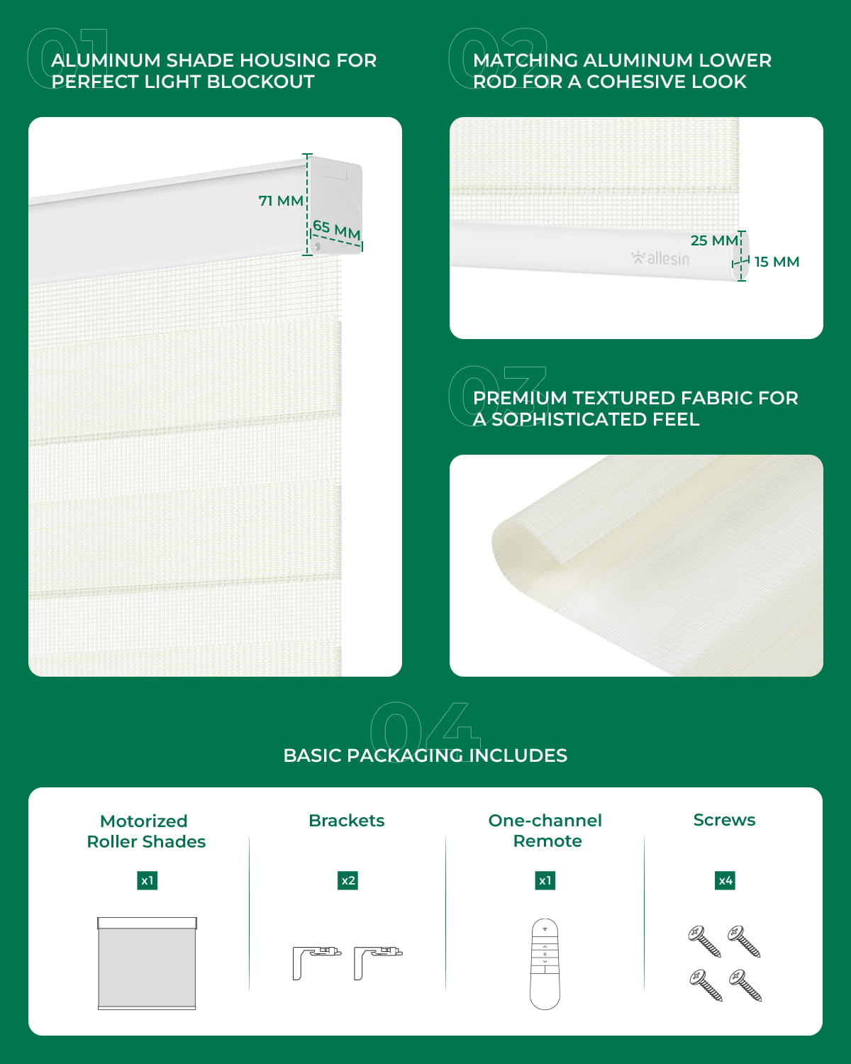 Allesin Motorized Zebra Shades | Drill Needed | Standard Sizes