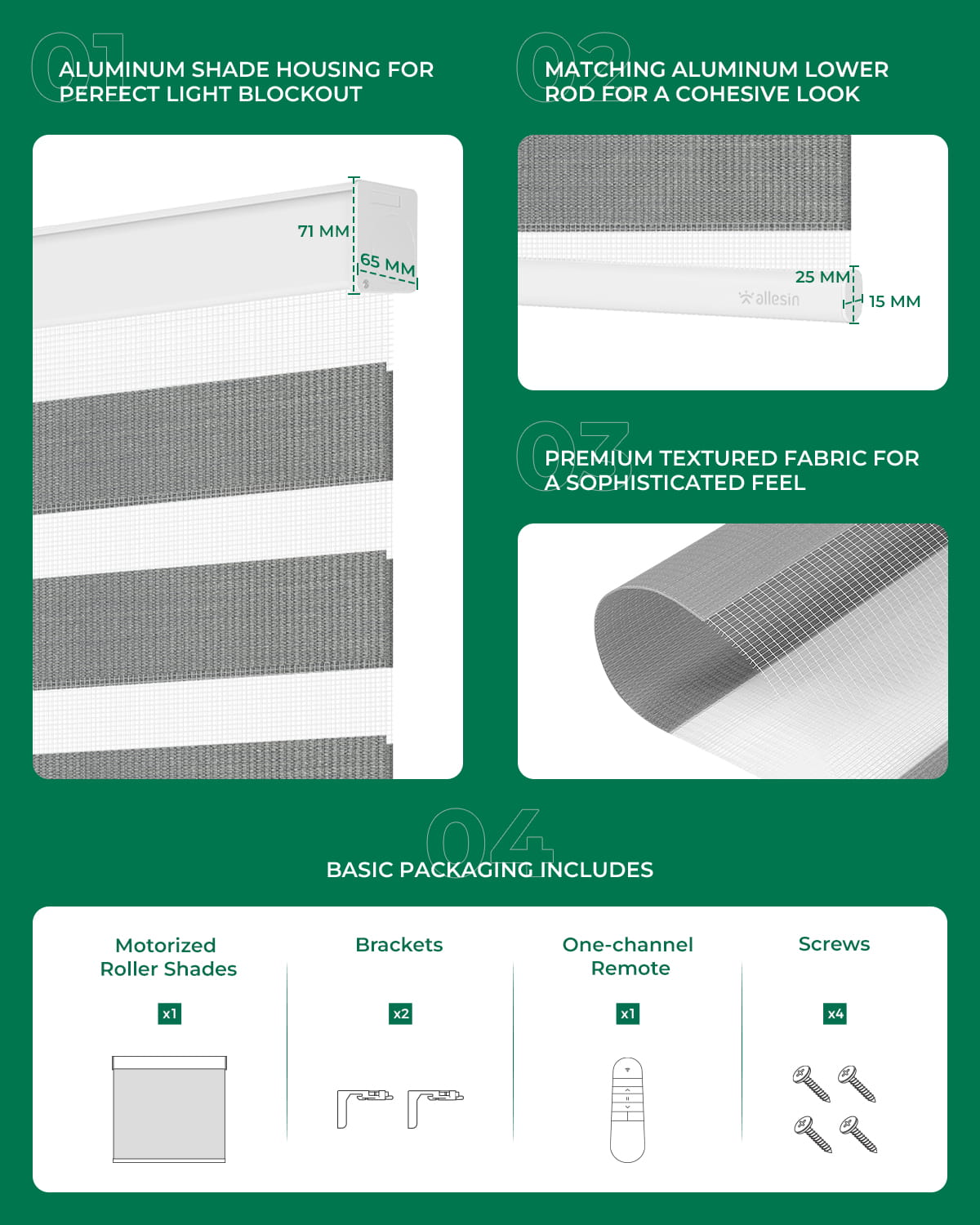 Allesin Motorized Zebra Shades | Drill Needed | Standard Sizes