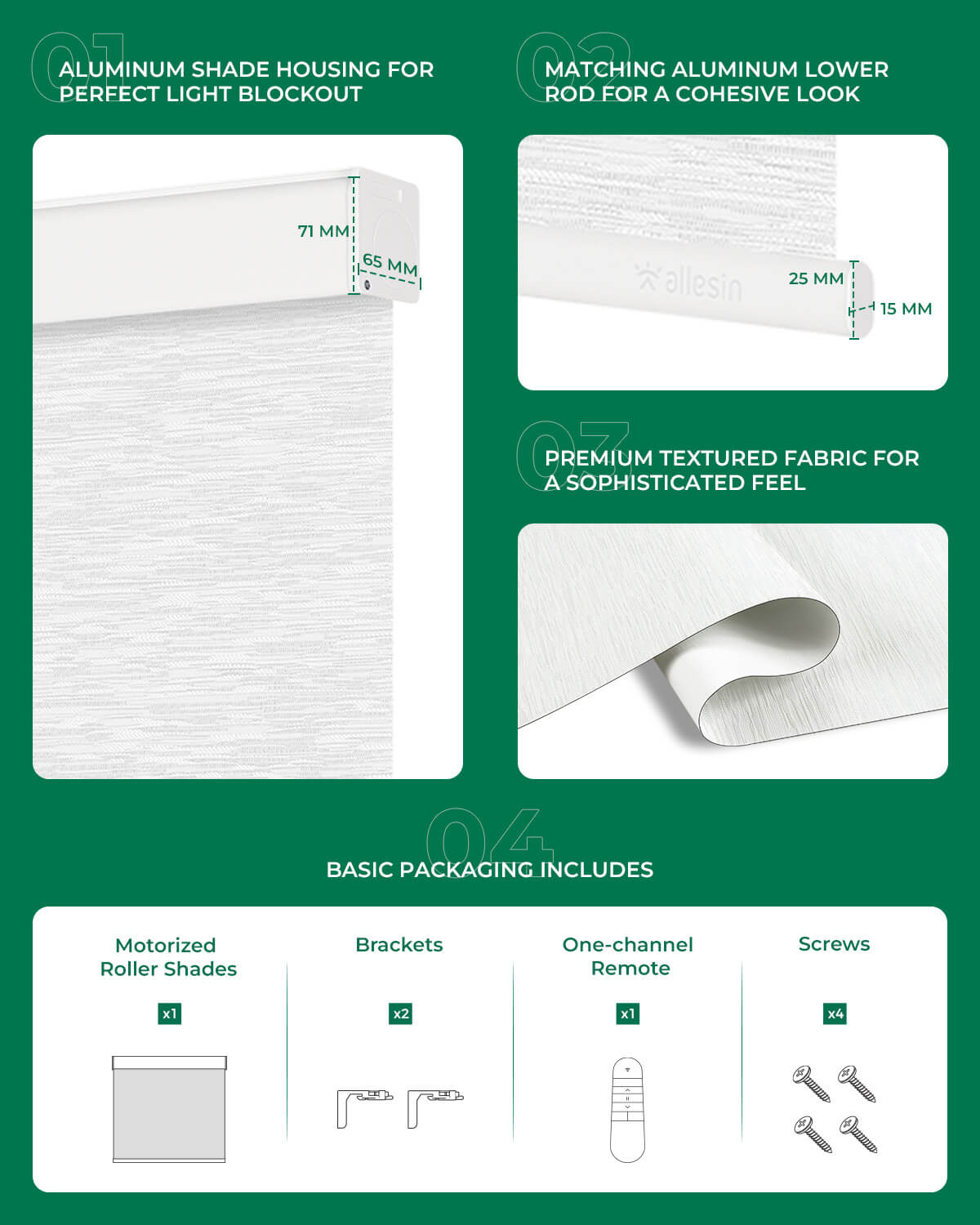 Allesin Motorized Blackout Roller Shades | Drill Needed | Standard Sizes
