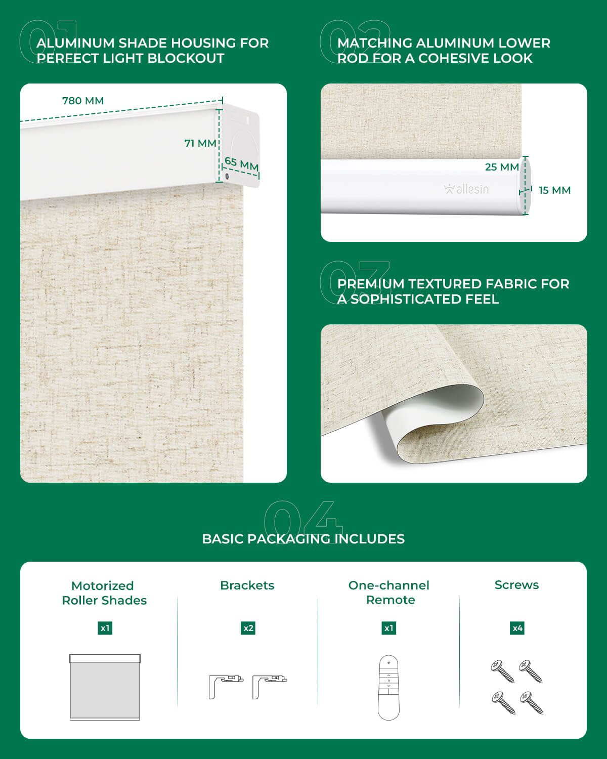 Allesin Motorized Blackout Roller Shades | Drill Needed | Standard Sizes