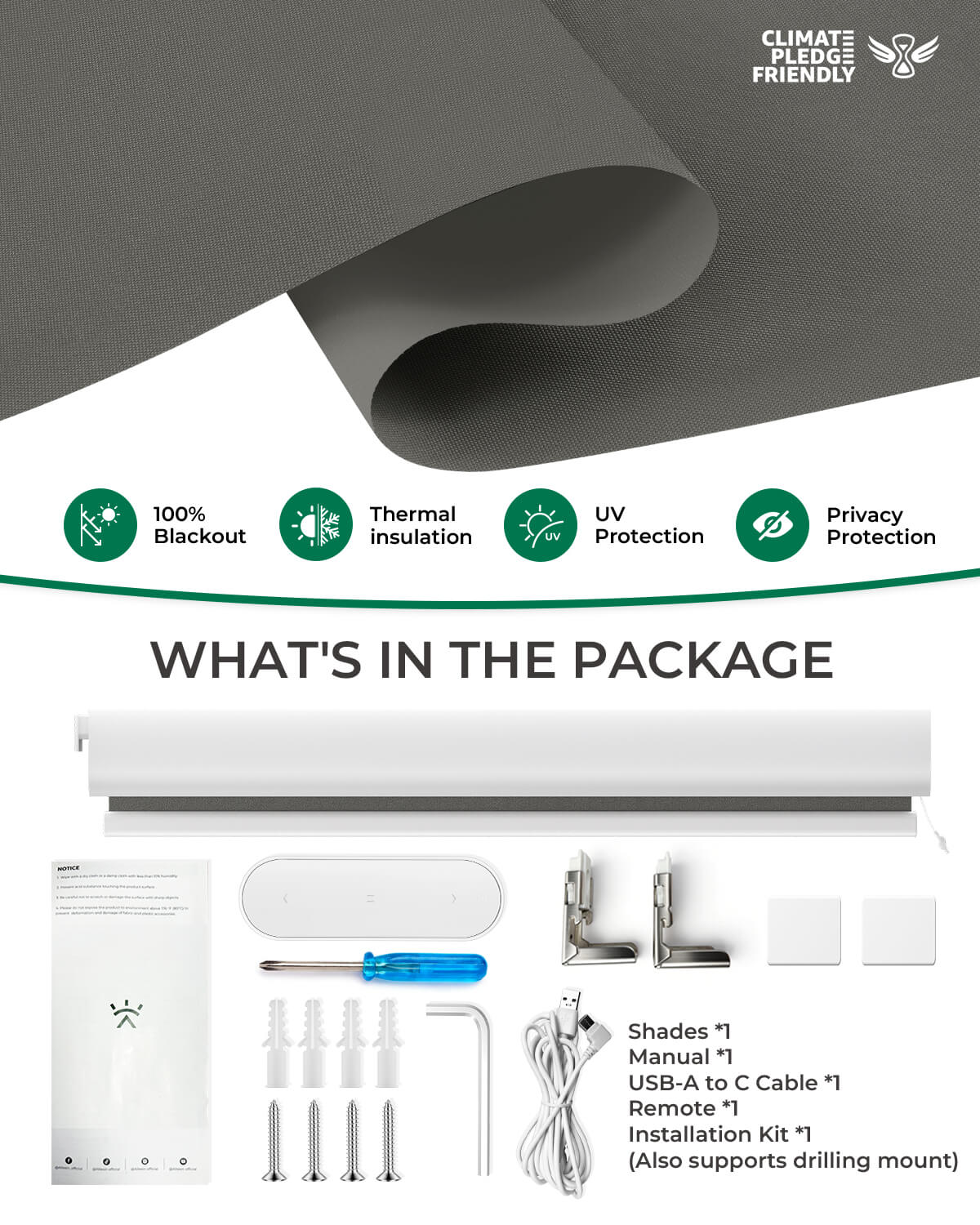 Allesin No-Drill Motorized Blackout Roller Shades | Standard Sizes