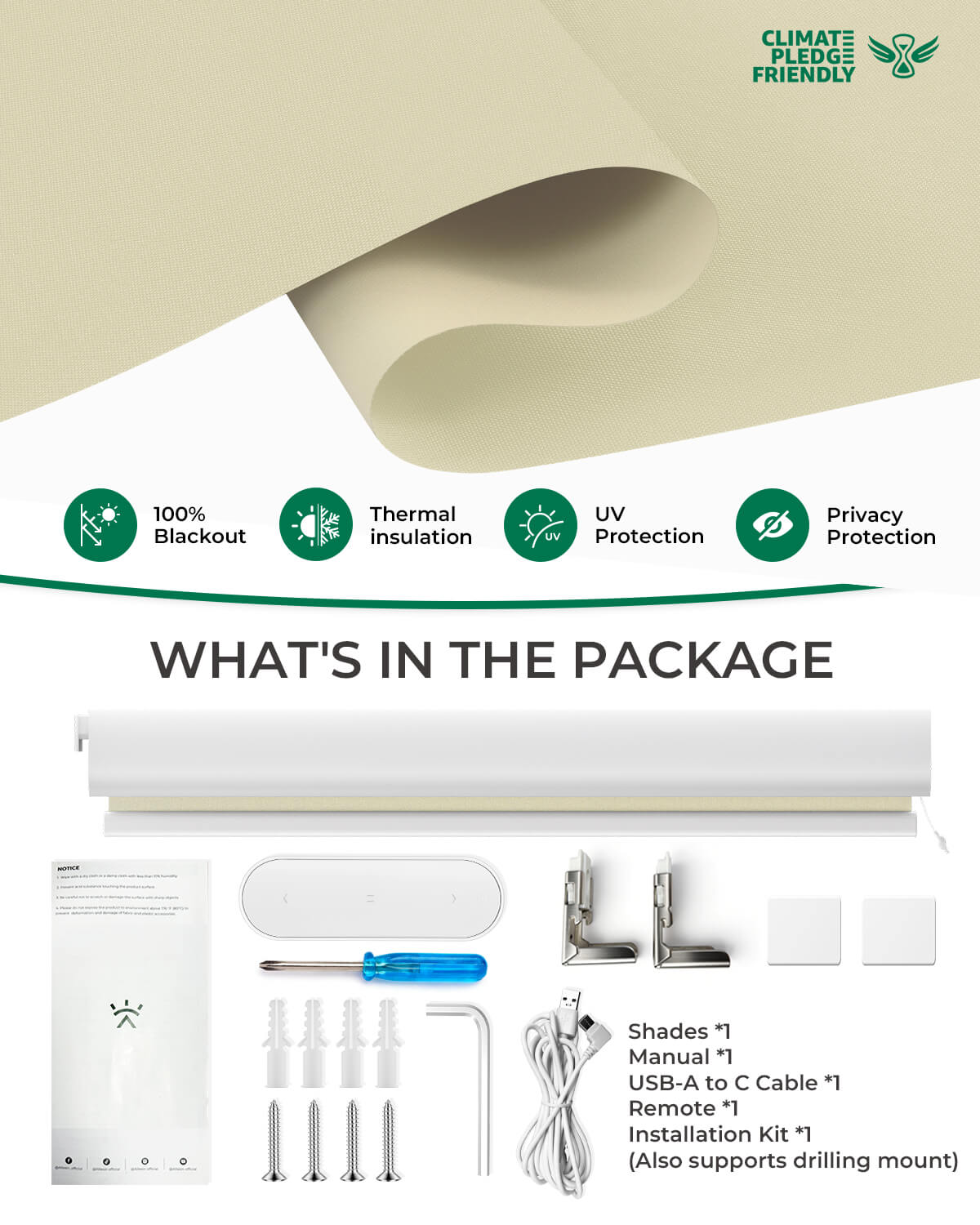 Allesin No-Drill Motorized Blackout Roller Shades | Standard Sizes