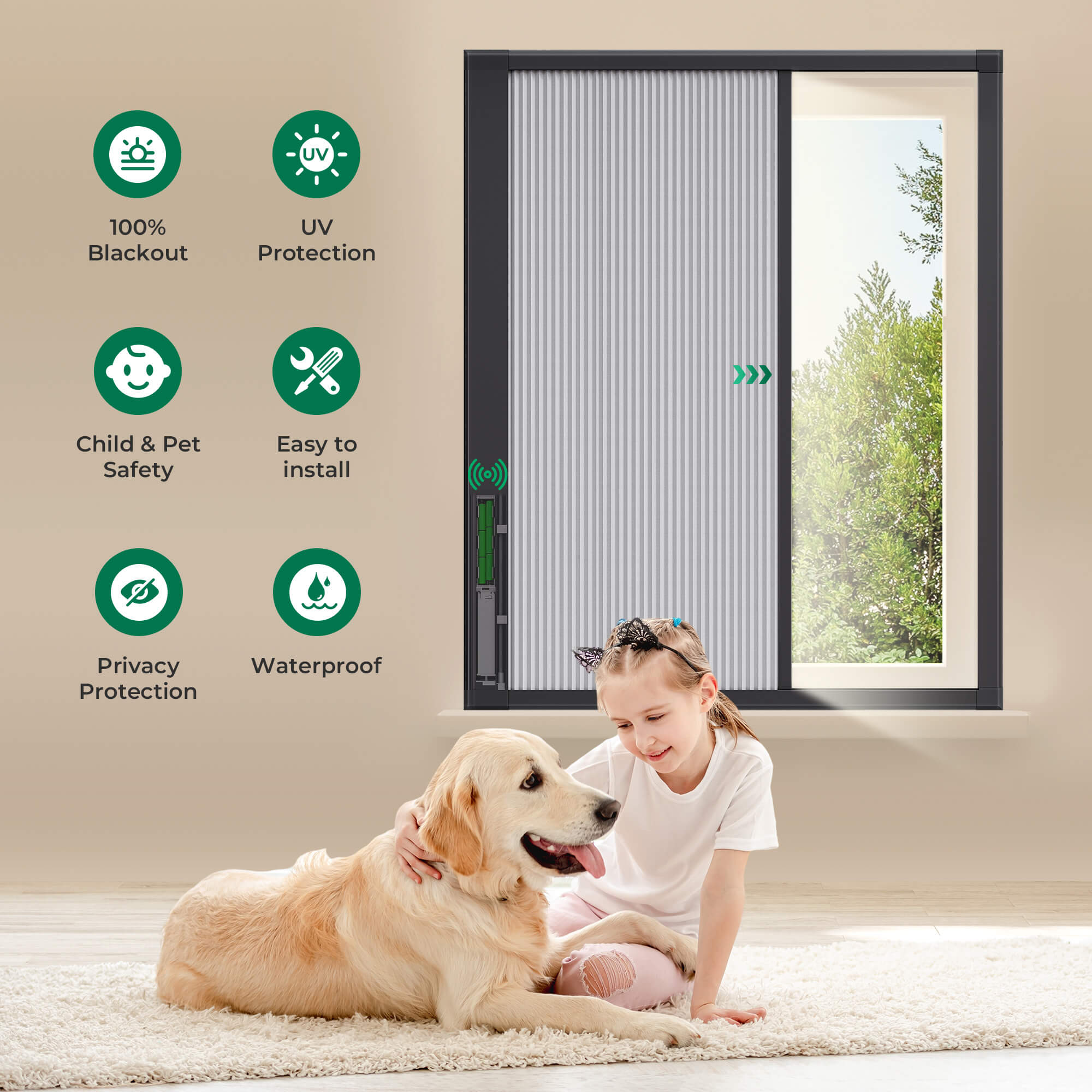 Allesin Motorized Side-Opening Blackout Honeycomb Shades | No-Drill Frame