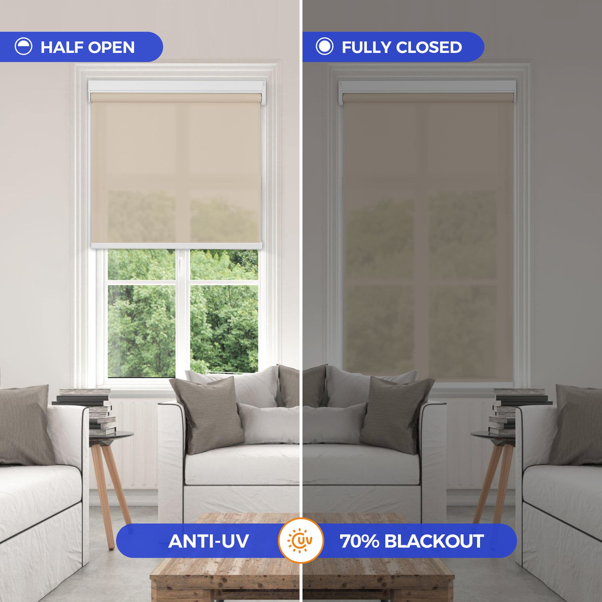 light-filtering rolling shades indoor half open and fully close